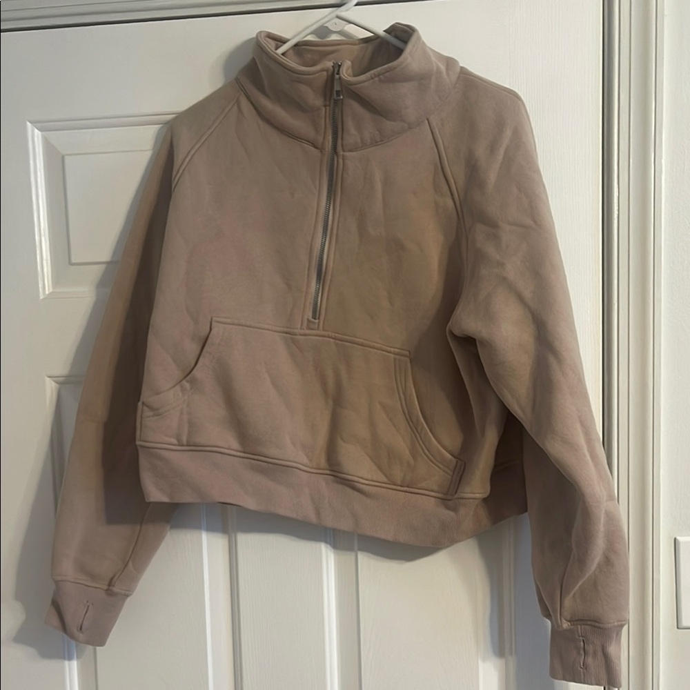 Tan Crop Boxy Sweatshirt with Stand-Up Collar
